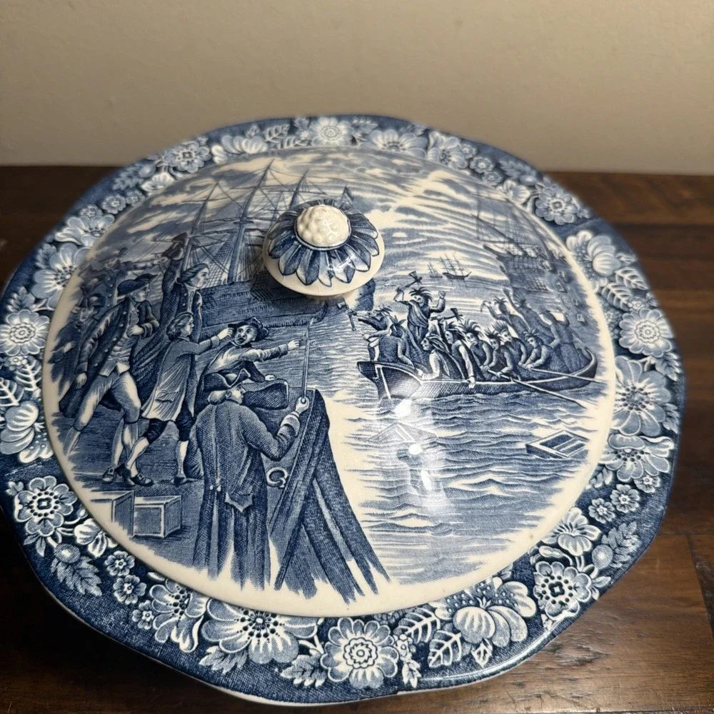 Liberty Blue Staffordshire China Serving Vegetable Bowl Lid Boston Tea Party